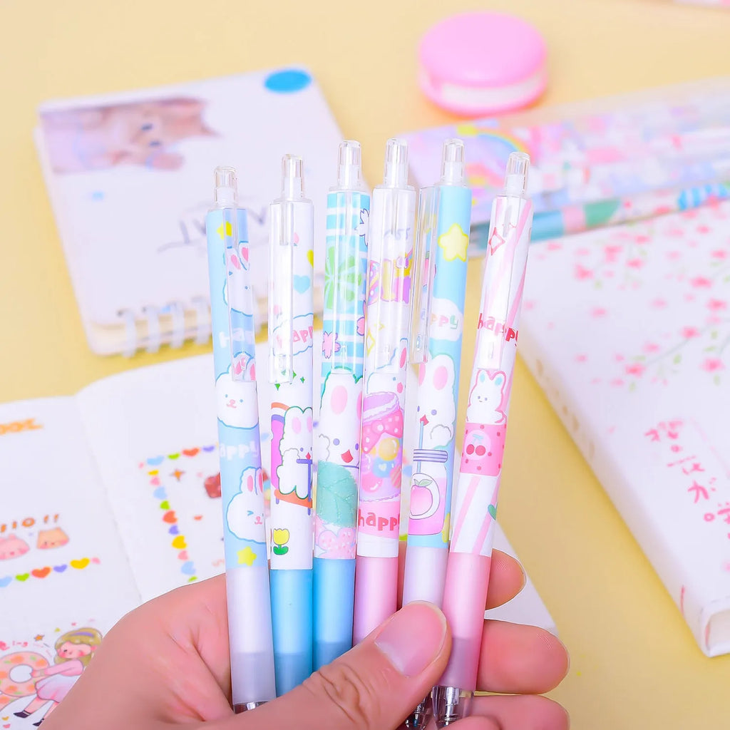 Six cartoon bunny design pens with 0.5mm tips and neutral black ink in plastic shells