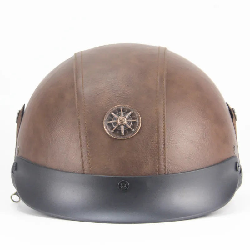 Retro-style half-pedal motorcycle helmet in black artificial leather with handmade construction