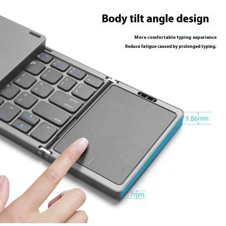 Three-folding wireless Bluetooth keyboard with touch pad in black on white background