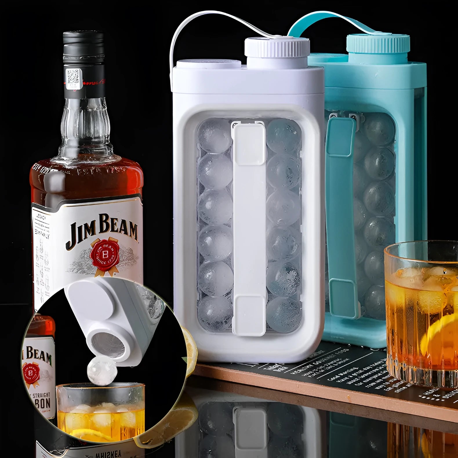 Light blue and white portable ice ball mould kettle showing 17-ball capacity and 2-in-1 bottle design