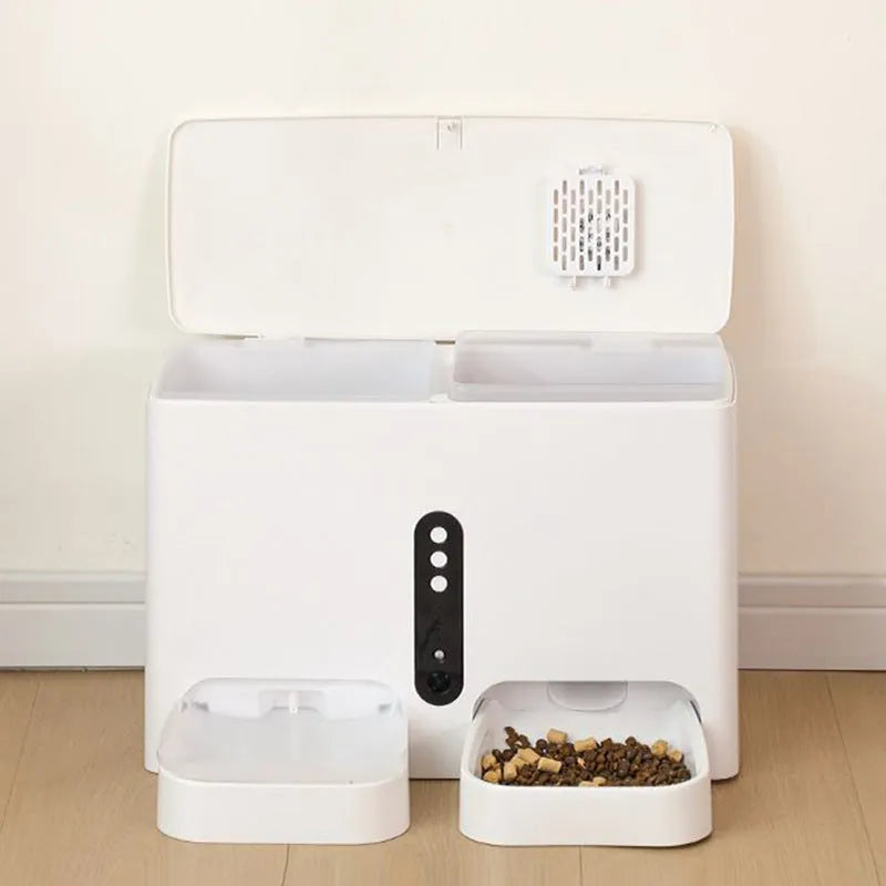 White pet intelligent feeding and drinking all-in-one machine with plastic construction, dimensions 420x175x280mm