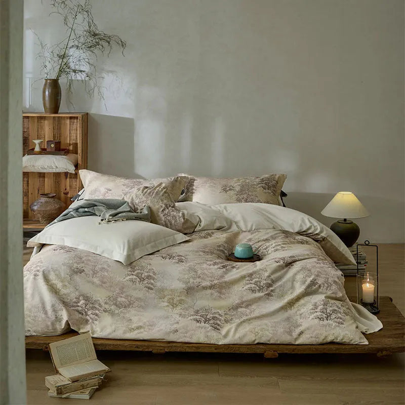 Cotton and linen yarn-dyed printed bed sheet set with plants and flowers pattern in beige, four-piece double bedding