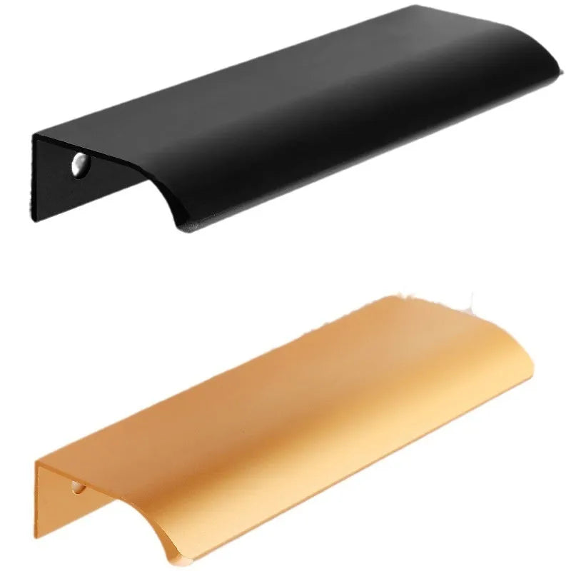 Aluminium alloy no-drill hidden cabinet handle in black finish, 200mm length, flush fit on a cabinet door