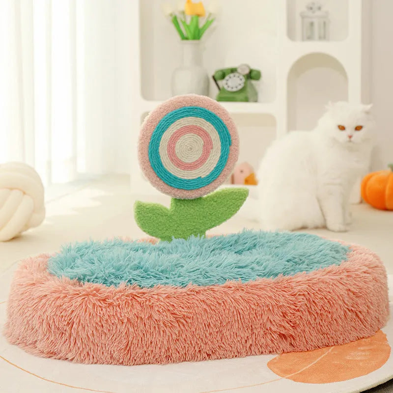 Pink elliptical plush cat bed with removable cover for winter warmth