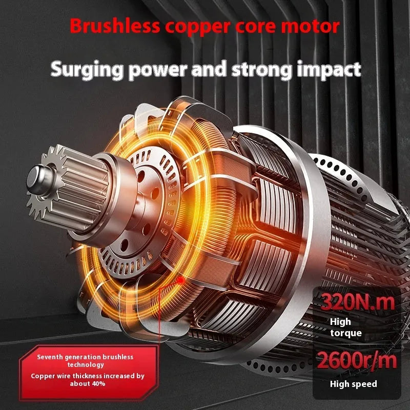 Brushless electric drill with 10mm chuck, 21V rechargeable battery, and impact function on white background