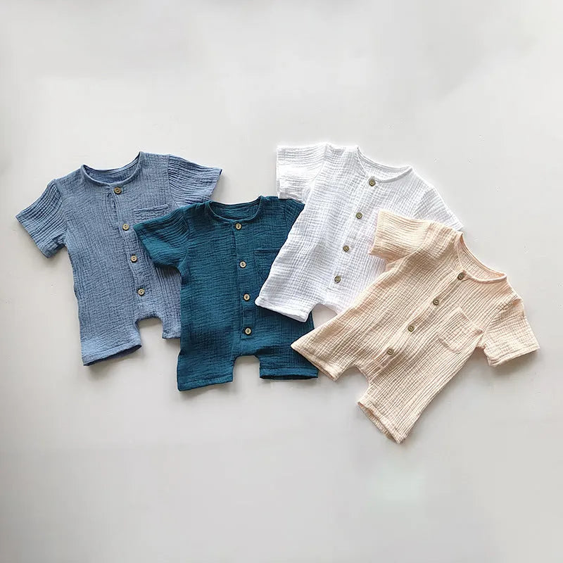 Cotton short-sleeved infant romper in peacock green, casual style for boys and girls, size 73