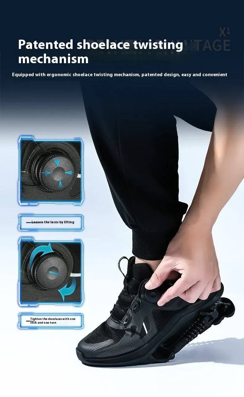 Black running shoes with mesh upper, leather stitching details, and buckle fastening