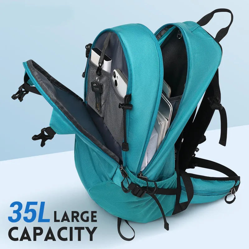 Outdoor waterproof hiking backpack with physiological curve back plate in black, lake blue, or lemon yellow