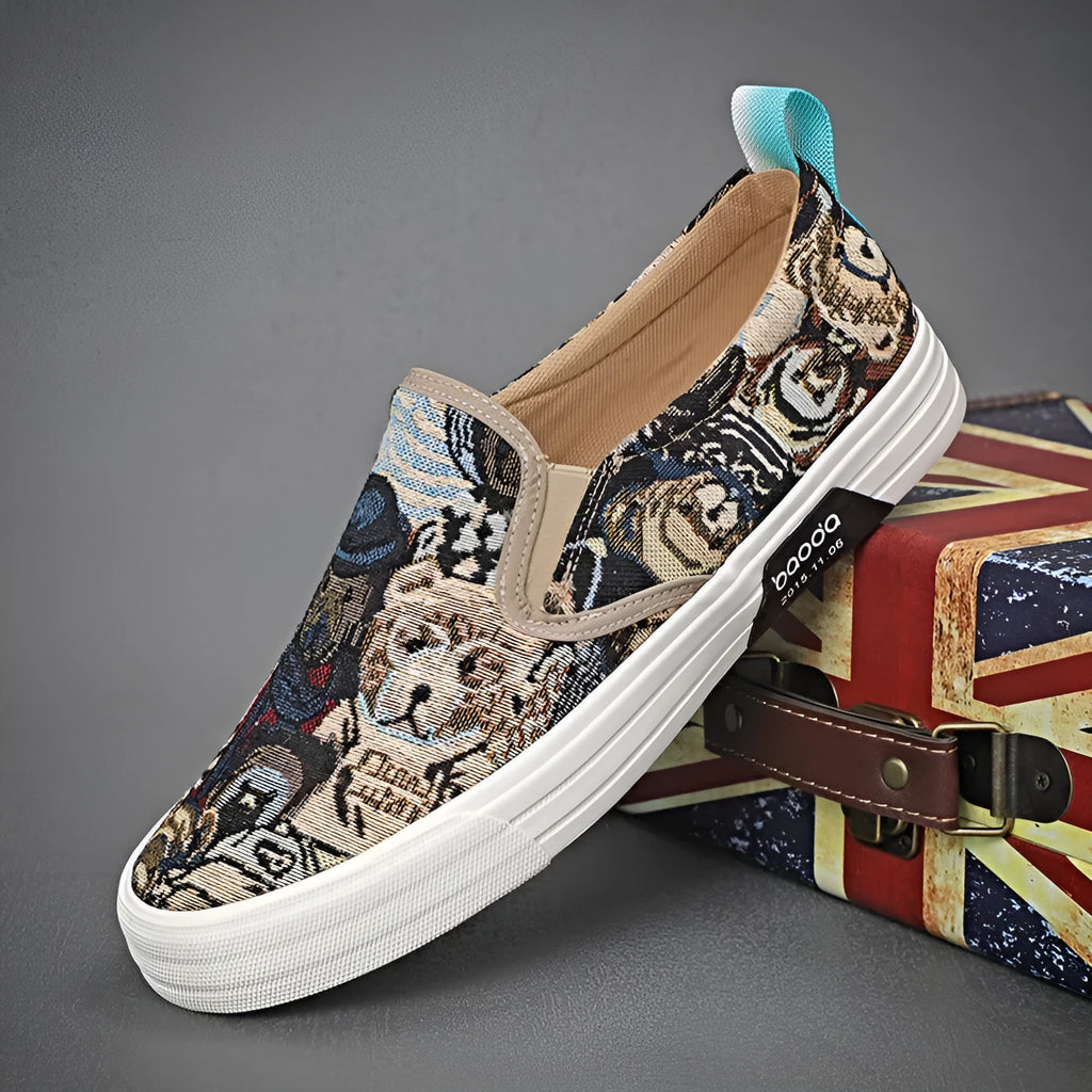 Canvas slip-on sneakers in khaki colour with vulcanised rubber sole and round toe design
