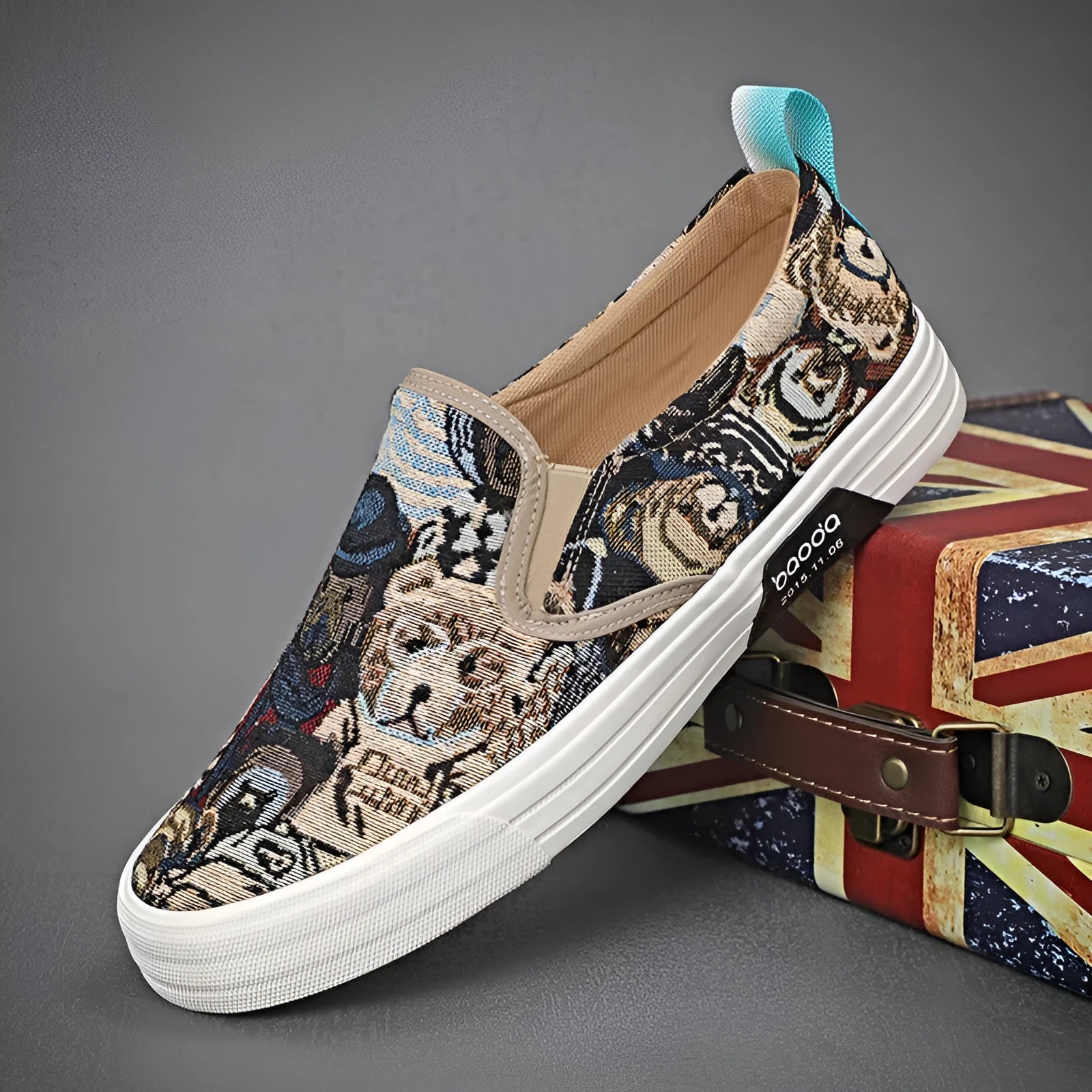 Canvas slip-on sneakers in khaki colour with vulcanised rubber sole and round toe design