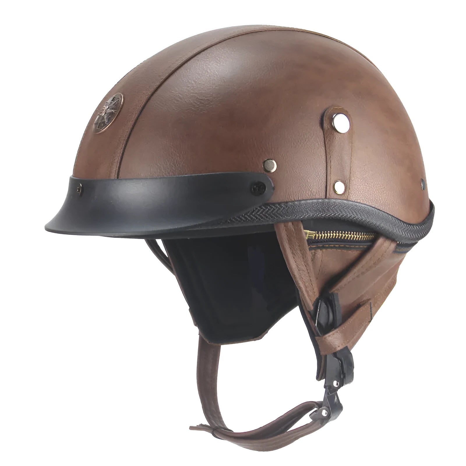 Retro-style half-pedal motorcycle helmet in black artificial leather with handmade construction