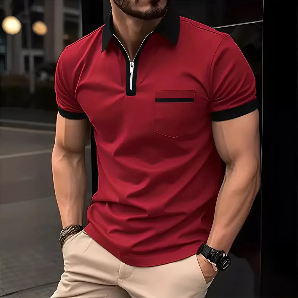 Men's loose fit short sleeve casual shirt with chest pocket and zipper decoration