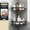 Black punch-free adhesive bathroom corner storage rack with double-layer triangle design