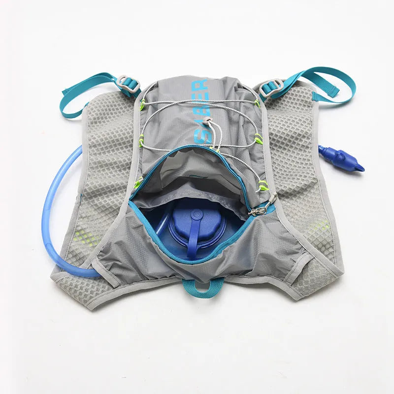 Solid colour nylon running backpack with reflective strips, shown in a light grey option.