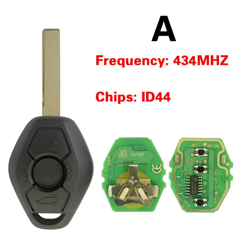 BMW EWS 3 remote replacement key with three buttons, ID44 chip, and HU58 blade cut