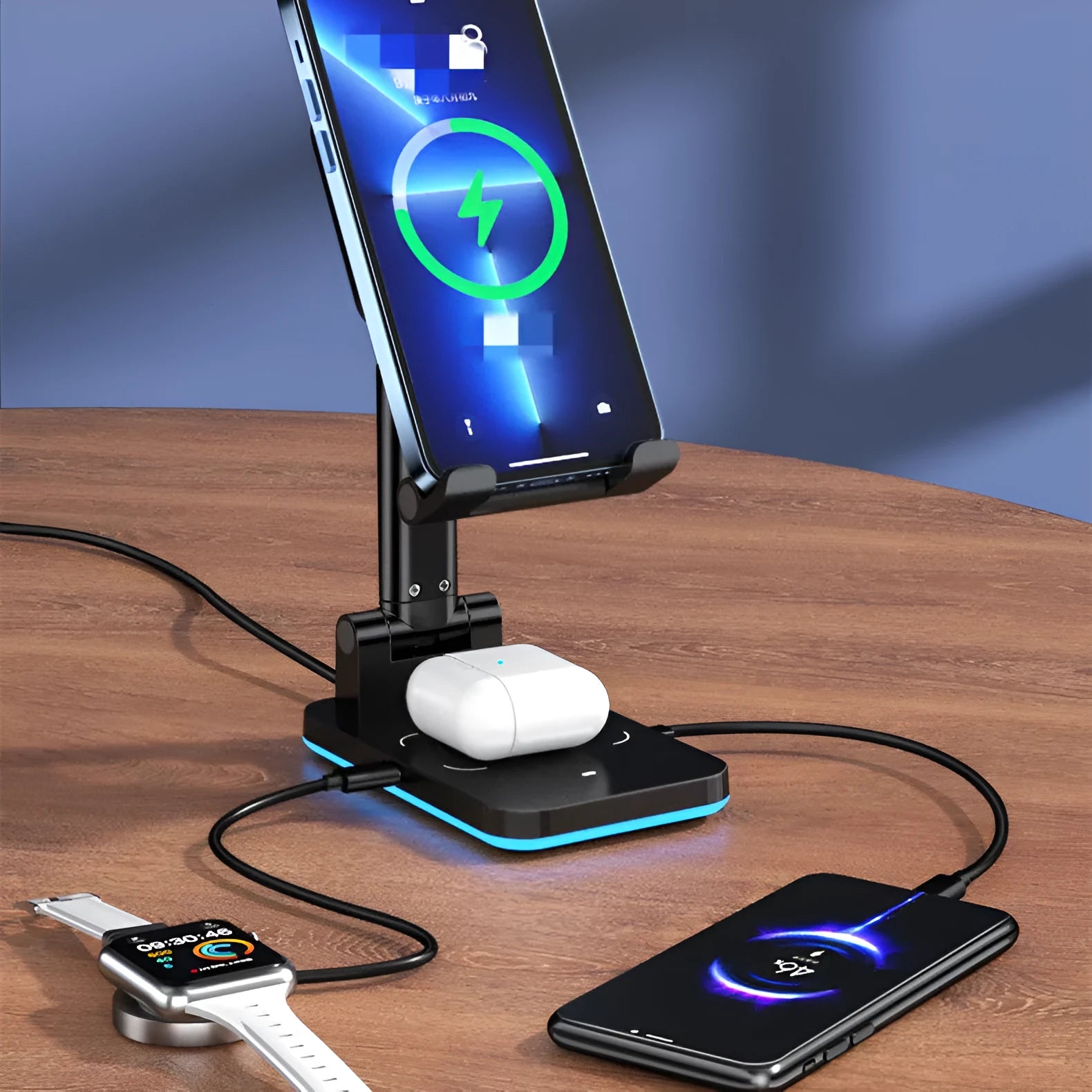 Cool black desktop phone stand with integrated wireless charging pad on an electroplated metal rod.