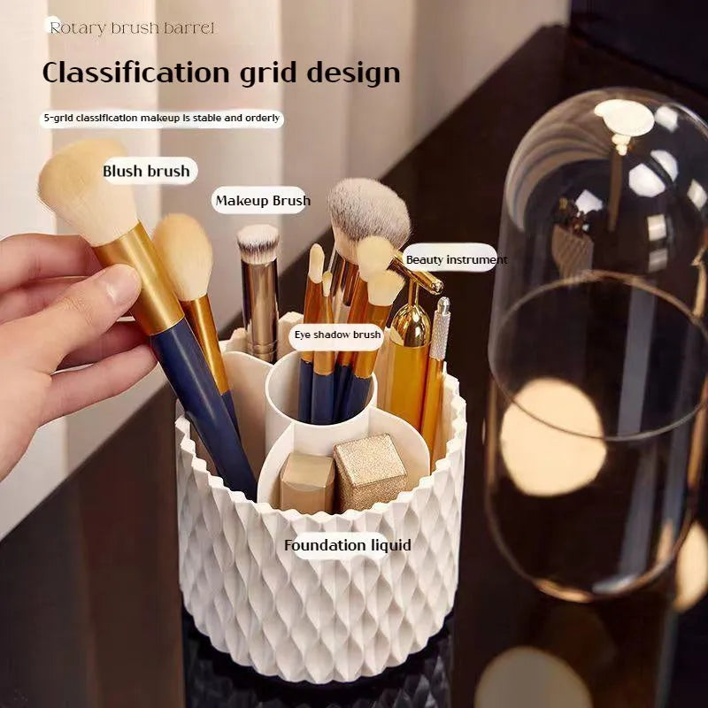 White acrylic rotating makeup brush holder with transparent dust cover showing split storage compartments