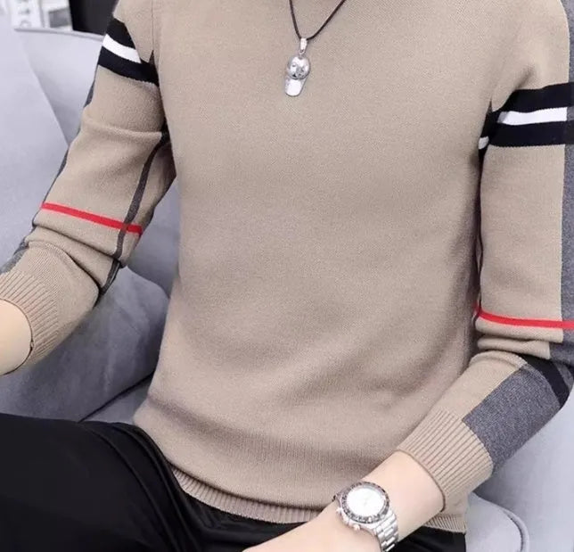 Slim-fit contrast colour round neck men's sweater in black, extra coarse wool, sizes M to 5XL