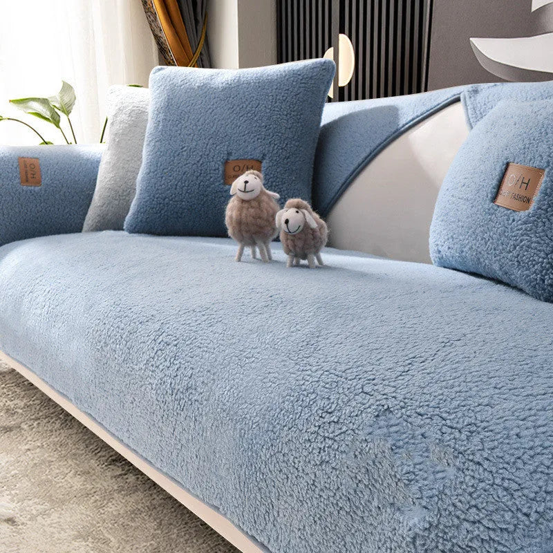 Fashion simple solid colour winter lambswool plush sofa cushion cover 90x210cm in beige