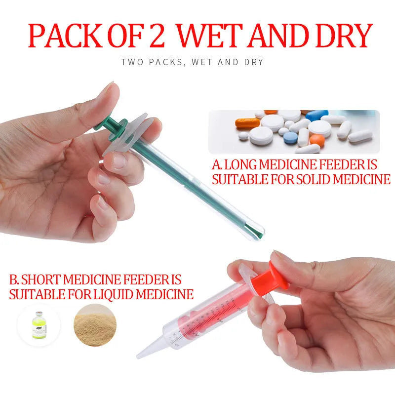 Two pet pill shooter tools with soft silicone tips for medicine feeding to cats and dogs