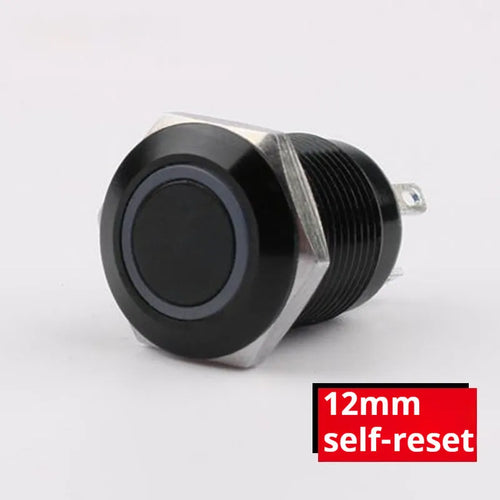 12mm self-reset waterproof metal button with light – silver contact, flat head, blue colour