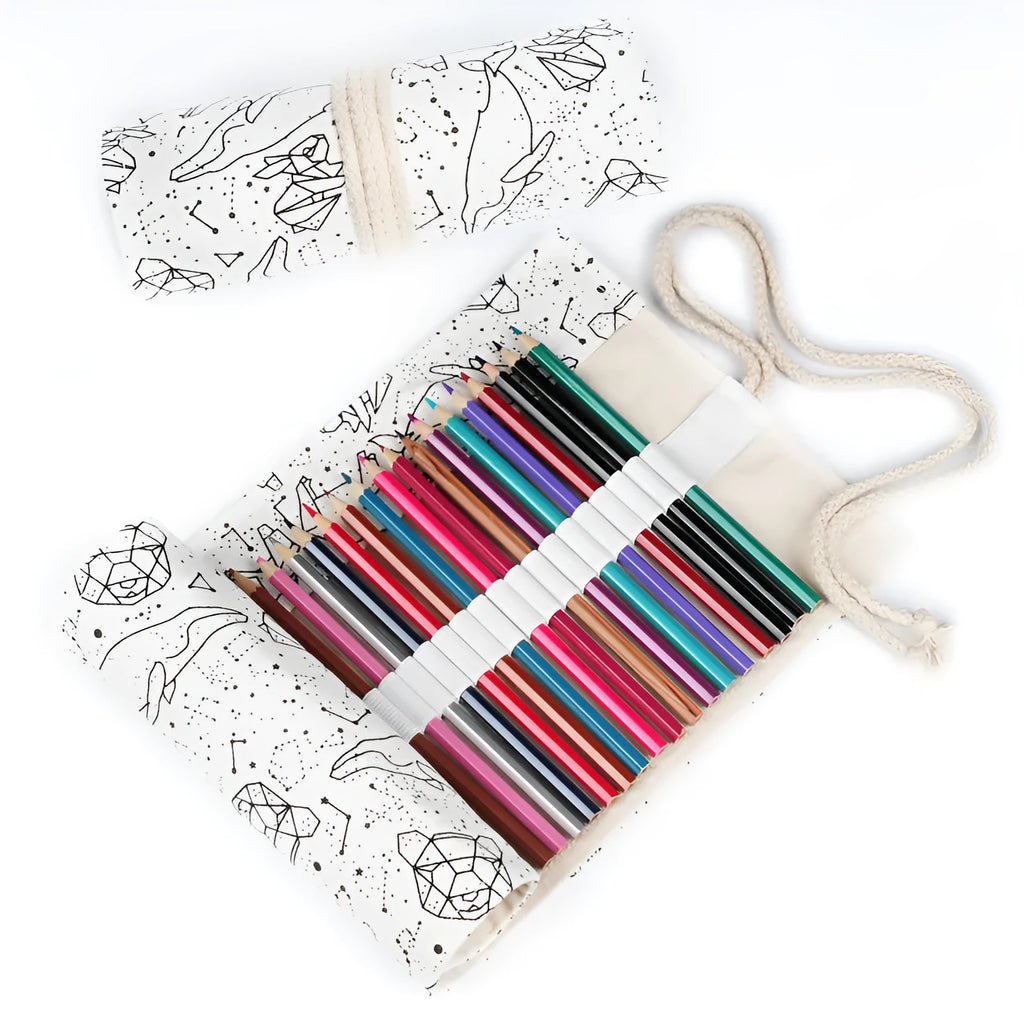 Canvas pencil case roll with starry sky pattern showing organised colour pencil slots