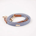 Anti-lost nameplate mohair dog collar in cement gray with matching hand holding rope for Shiba Inu