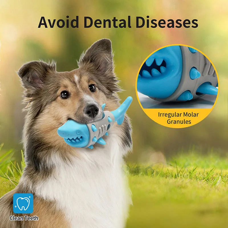 New dog teething leaky toy in blue with shark-tooth texture for cleaning and bite-resistant design