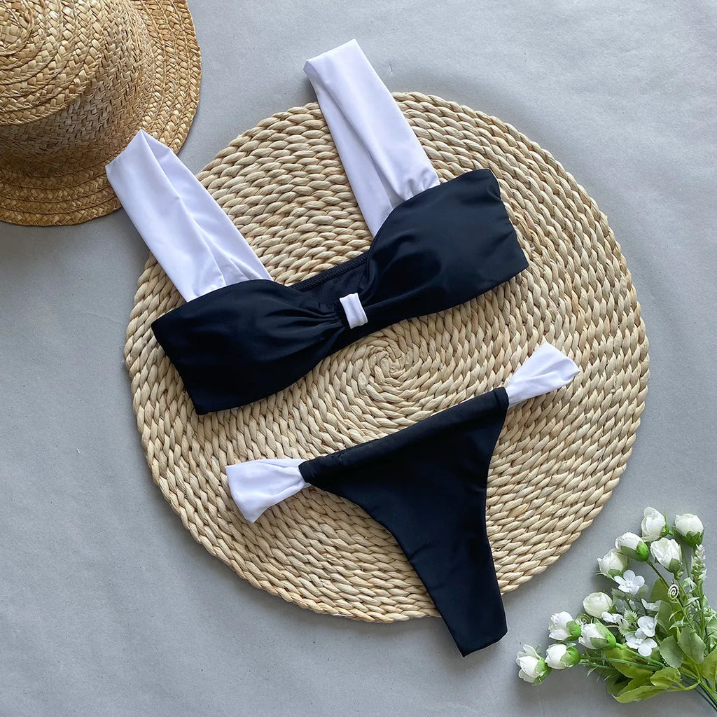 Bikini leopard print tube top split women's suit set in C3534 black or leopard print