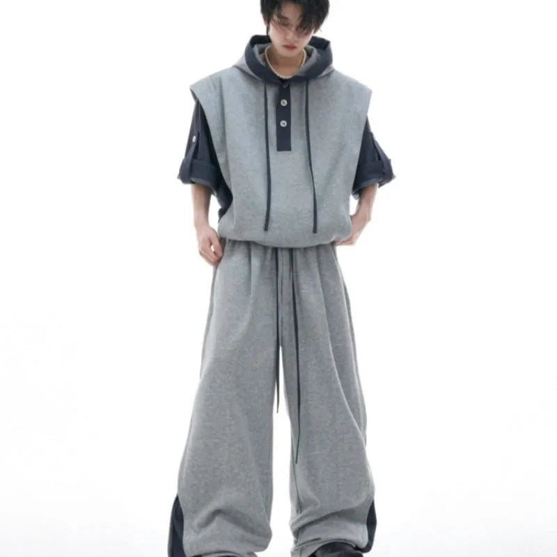 Men's black and grey polyester hooded tracksuit with three-dimensional stitching details