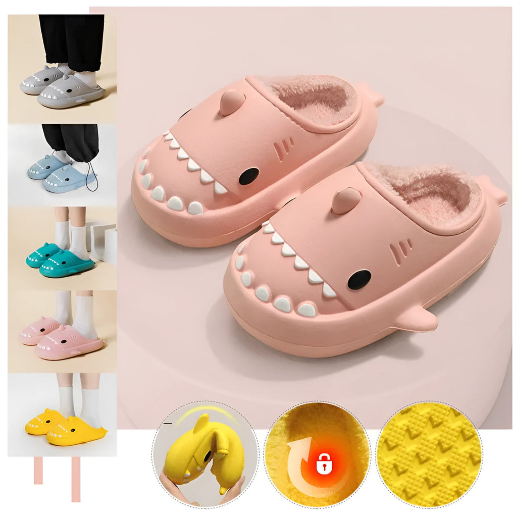 Cartoon shark EVA slippers in grey couple colour, closed-toe baotou style with thickened plush lining and non-slip sole