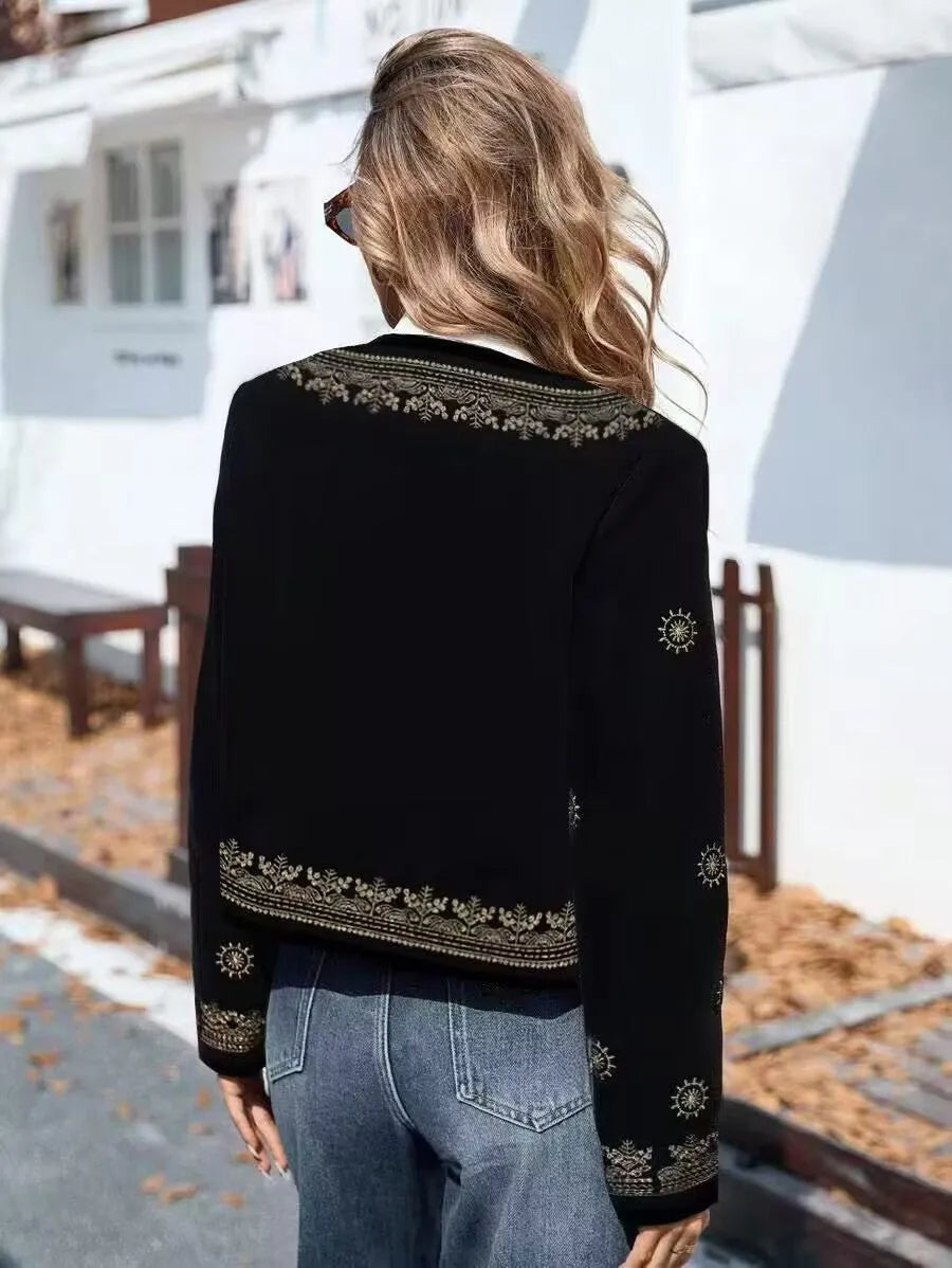 Women's casual printed hooded coat long sleeve round neck British style in milk silk polyester blend