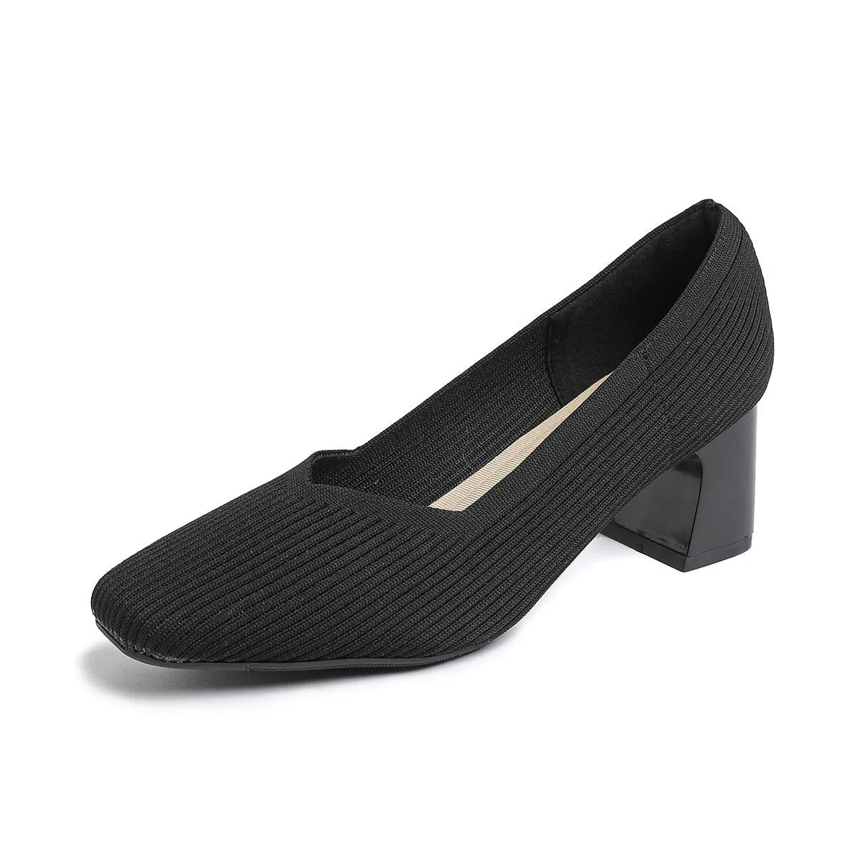 Women's thick head stiletto knitted shoes with block heel, square toe, and mid-heel height, available in multiple colours