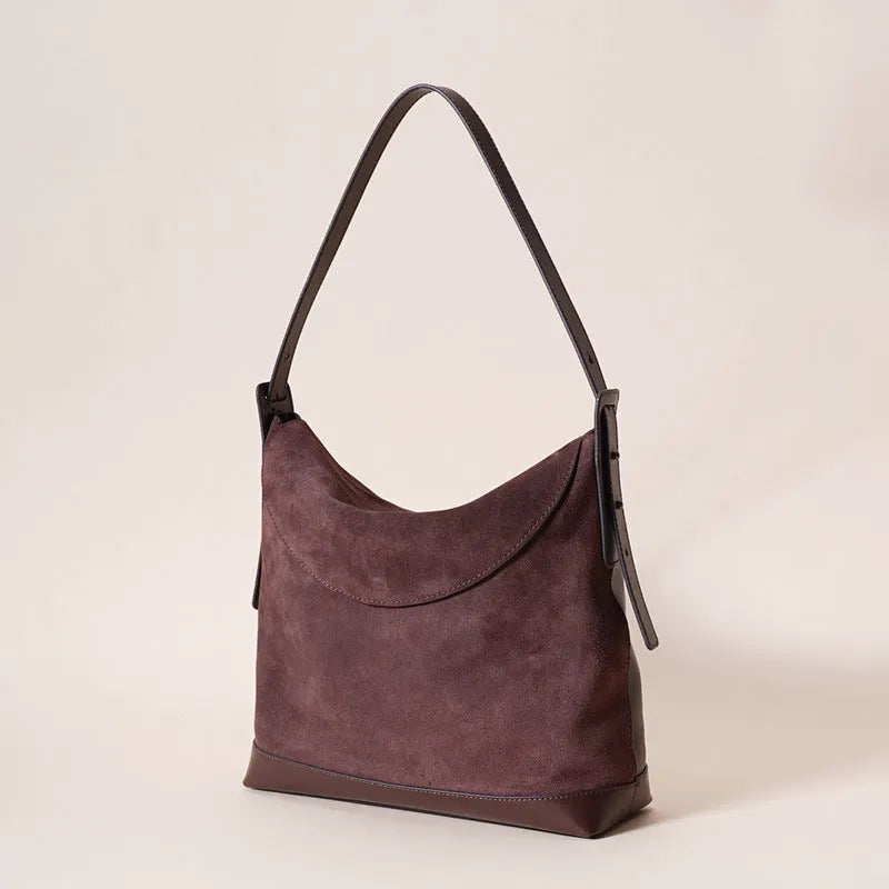 Brown genuine leather women's retro square shoulder bag with clamshell opening