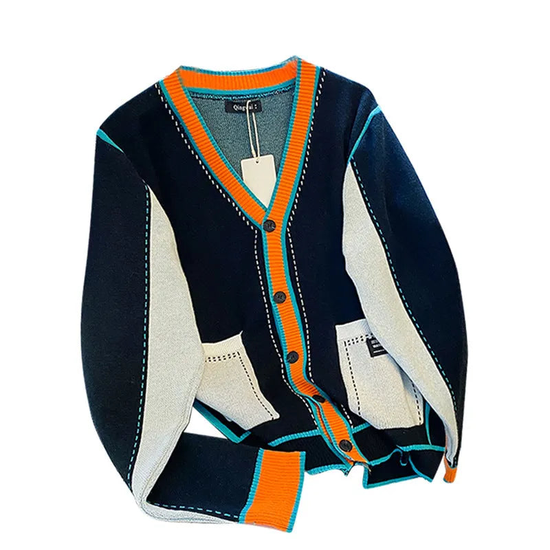 Men's black knitted cardigan with contrast colour stitching, long sleeves, autumnal layering coat