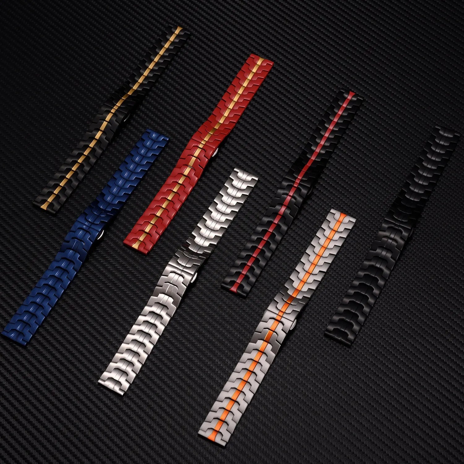 Stainless steel watch strap for Samsung Galaxy Watch in silver, black, titanium and other colours.