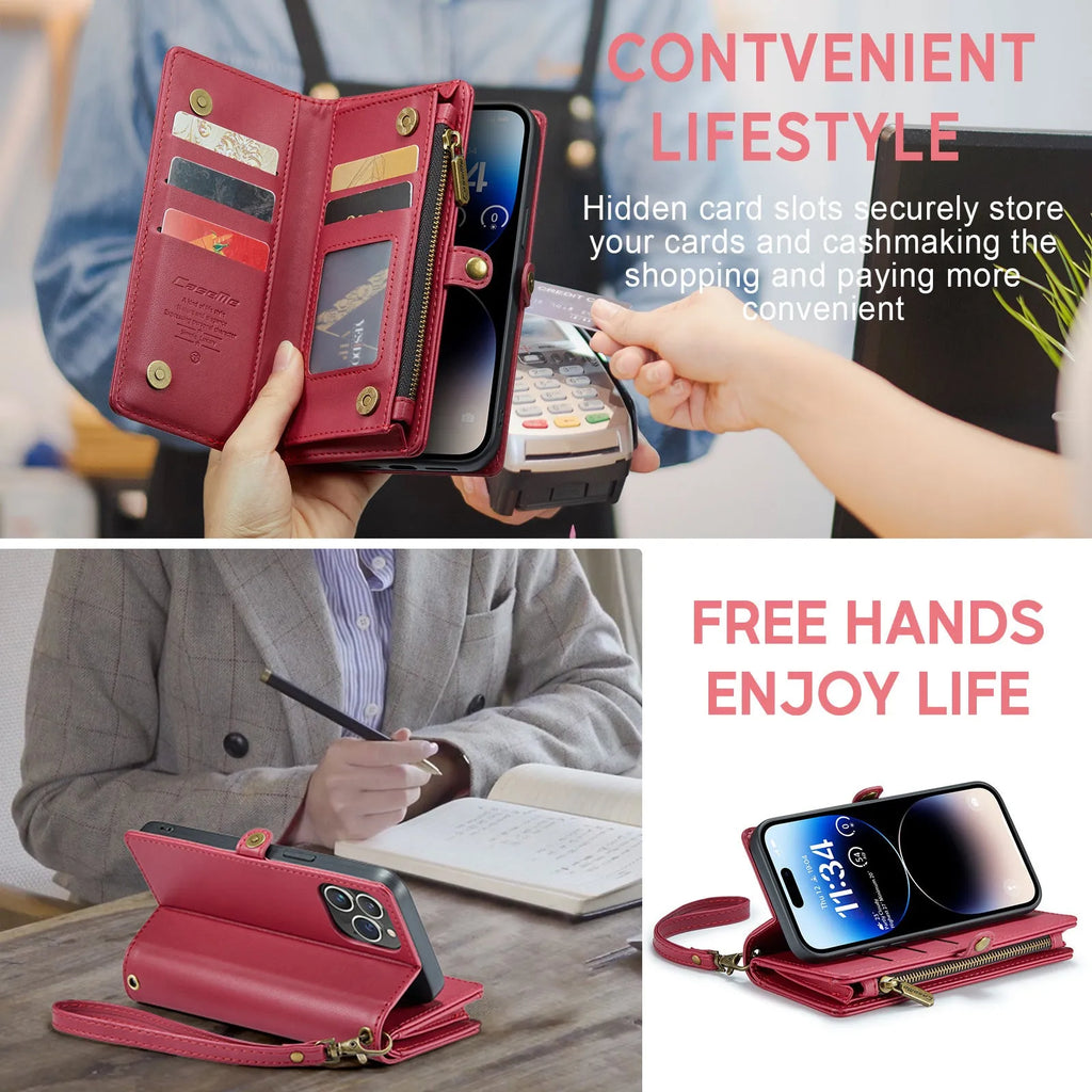 Wallet phone case with card slots, bracket, and lanyard in black, red, pink, purple, or peacock green