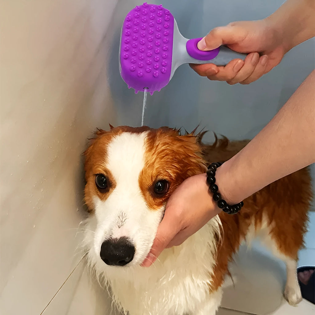 Purple silicone pet shower brush floating in water for dog bath, with body lotion included