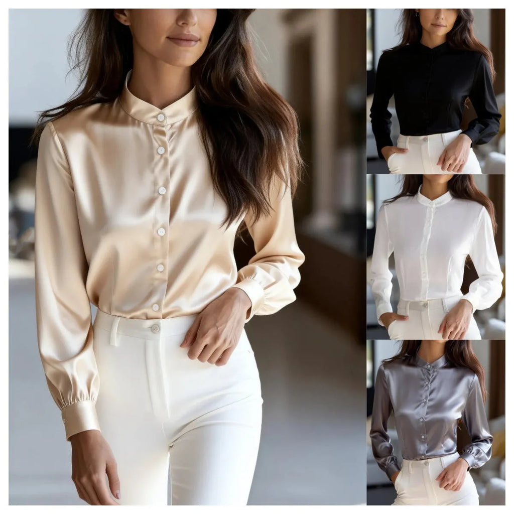 Women's autumn solid colour stand collar button long sleeve polyester shirt in black white and apricot