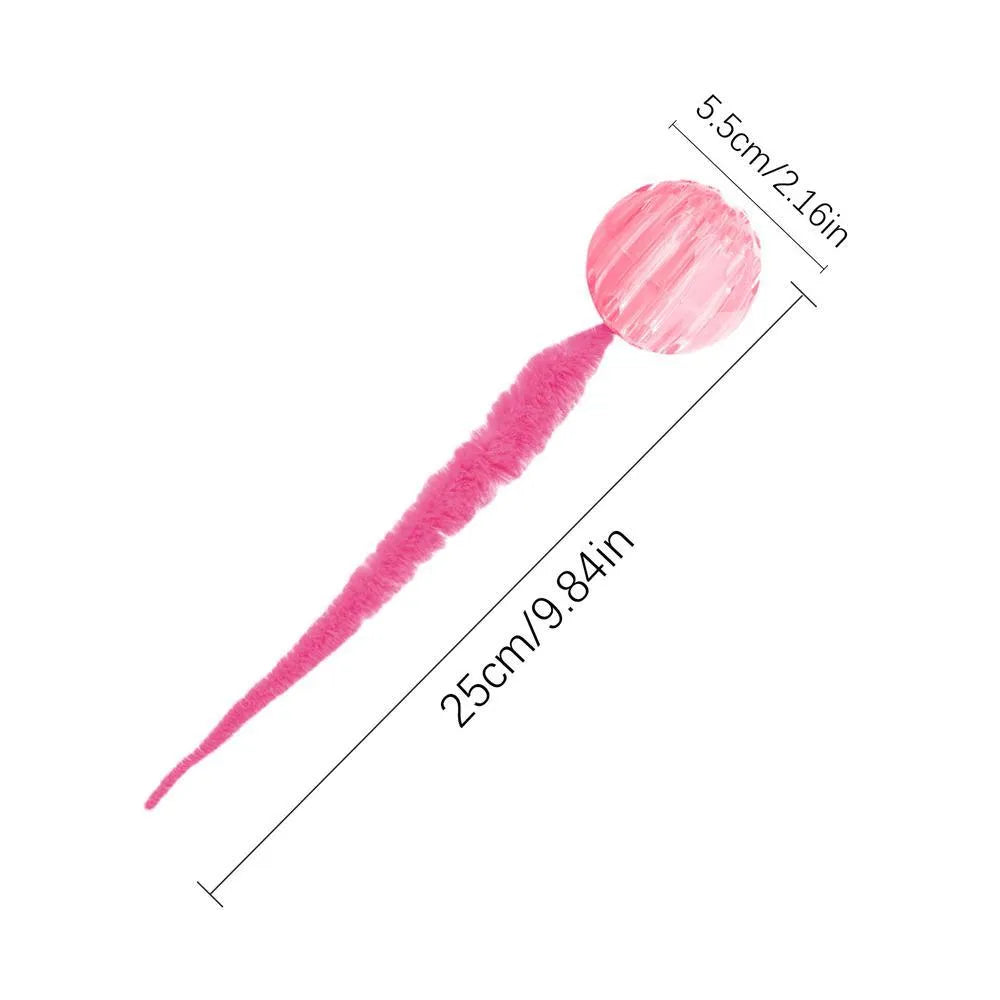 TPR interactive cat ball toy with attached worm tail in green, pink or purple colours