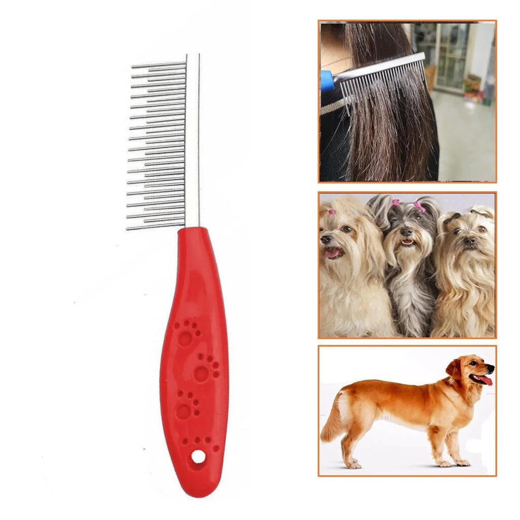 Red pet grooming comb with short and long stainless steel teeth for dematting knots and tangles