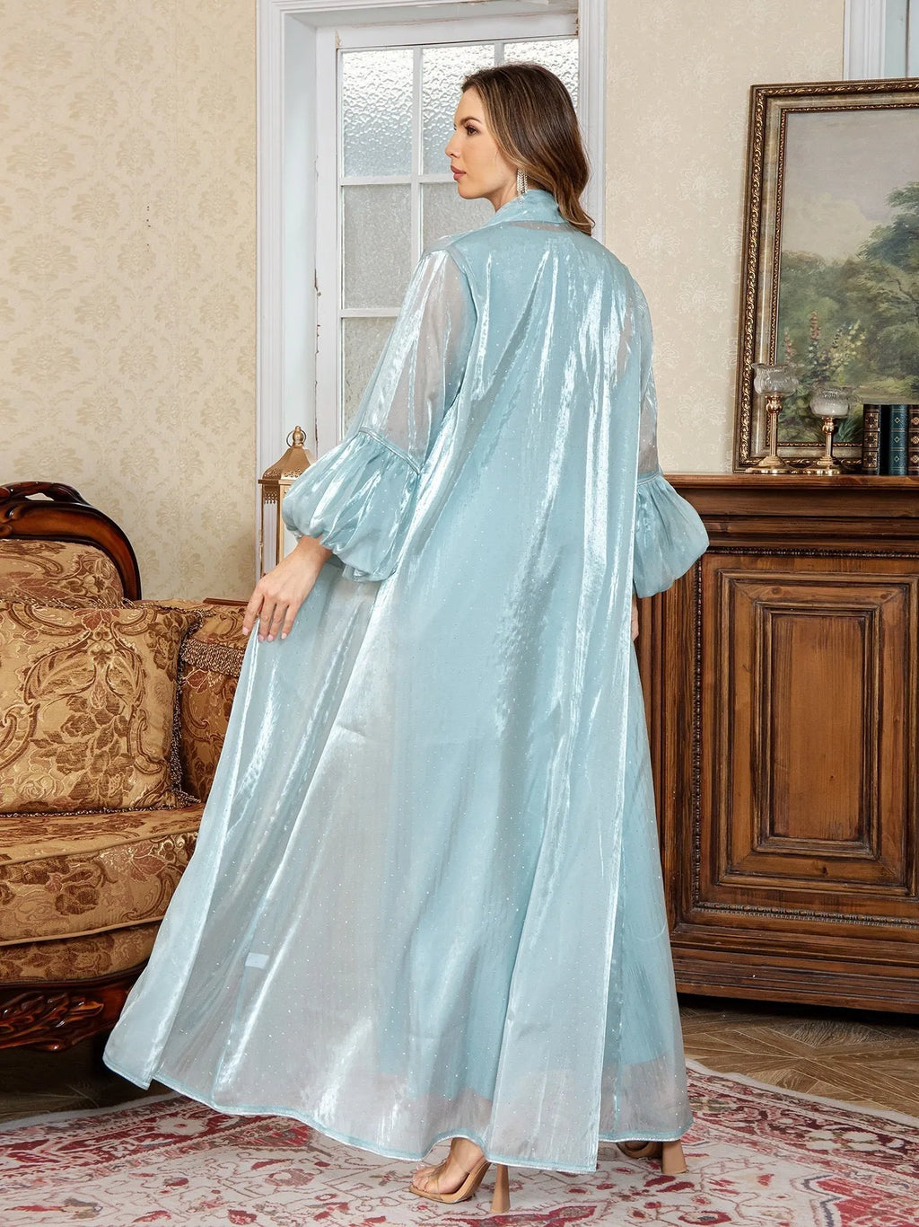 Arabic two-piece dress set in blue with rhinestone straps and long sleeves