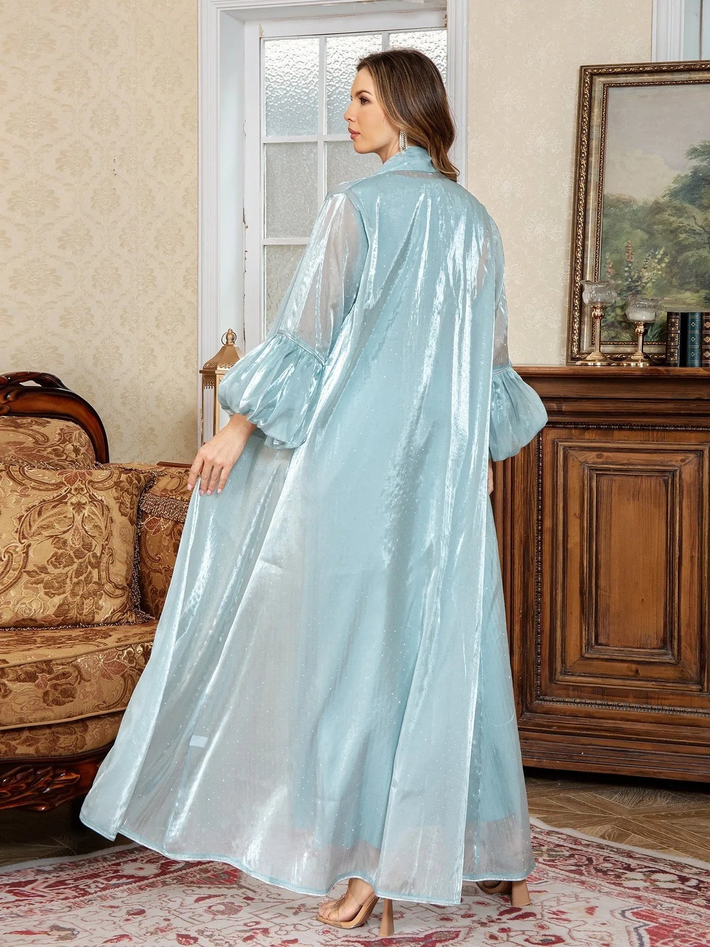 Arabic two-piece dress set in blue with rhinestone straps and long sleeves