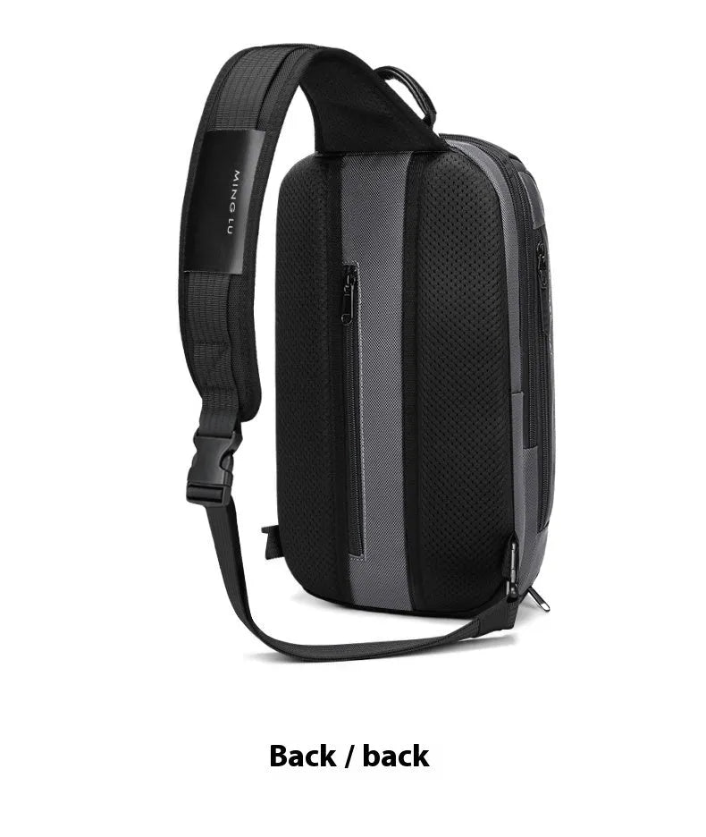 Men's mechanical style single-shoulder bag in black or grey Oxford cloth with polyester lining for business travel.