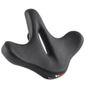 Black leather bicycle seat cushion with polyurethane foam for shock absorption on a bike saddle.