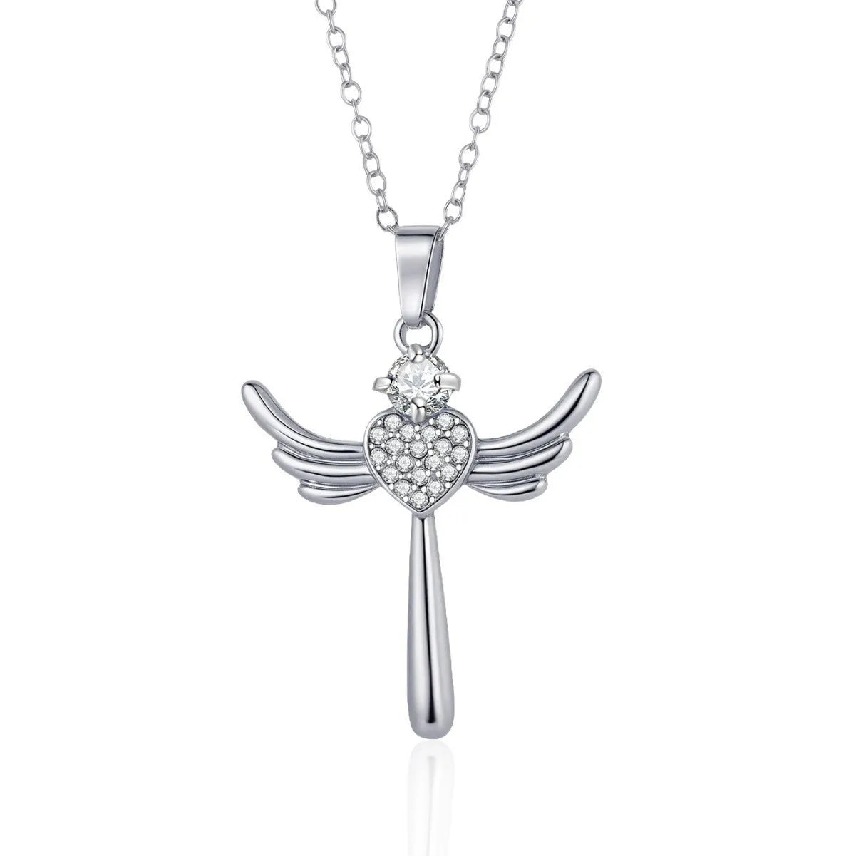 Silver heart-shaped angel wings pendant clavicle chain necklace for women, titanium steel and alloy, cross design, affordable luxury style