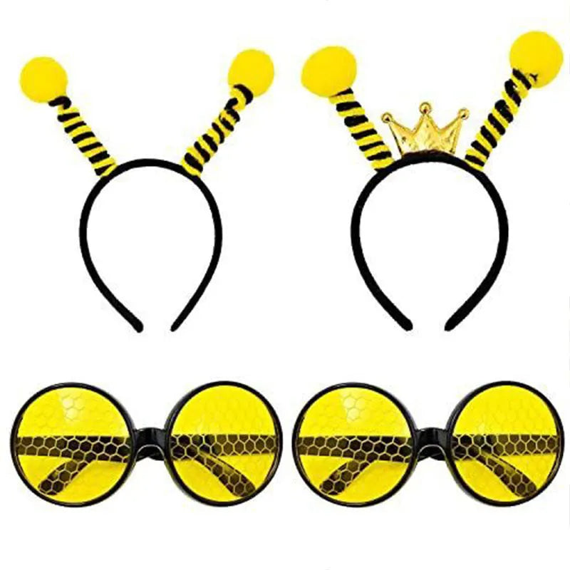 Yellow bees party dress up headband and prop glasses costume set on a mannequin head.
