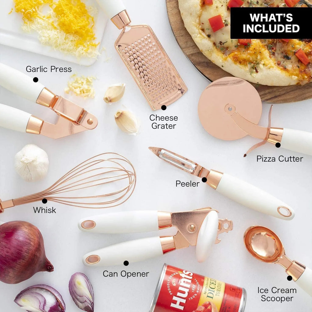 Stainless steel kitchen gadgets 7 piece set including bottle openers and can opener in a box.