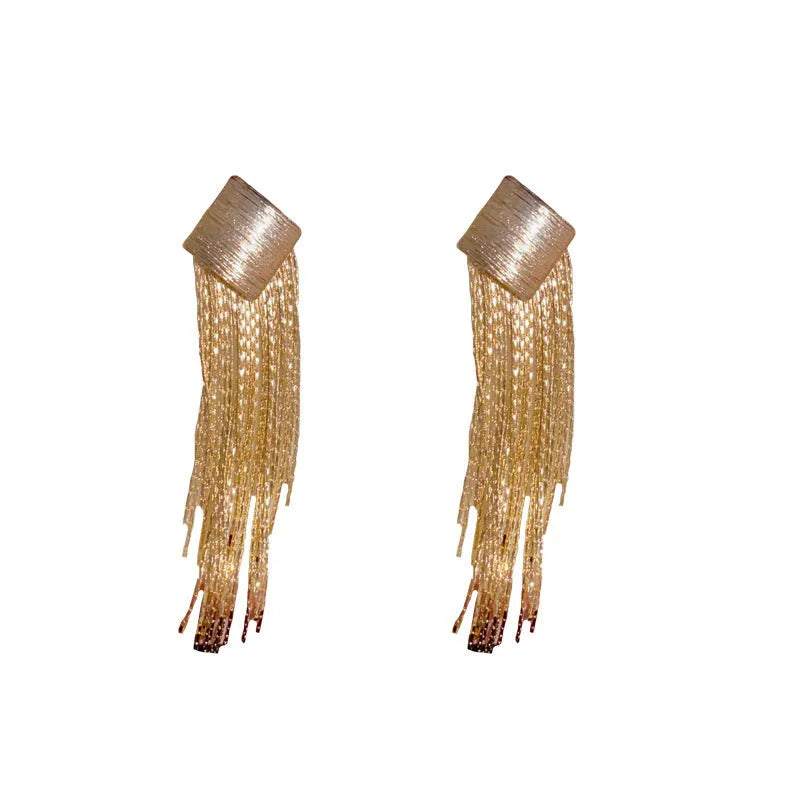Geometric metal diamond tassel earrings for women, copper with electroplated gold colour finish