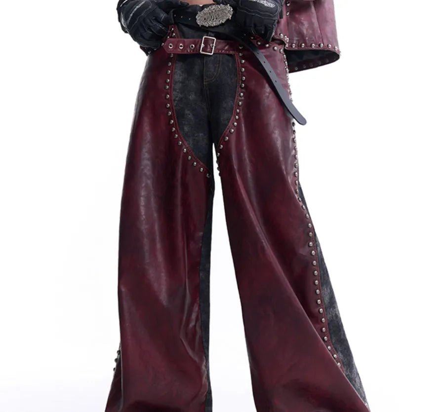 Special-interest leather vest coat set with heavy industry rivets, red top and matching trousers, lapel collar
